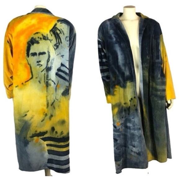 VTG 90's I’m no walking canvas Carole Waller painted long Vintage velvet coat XL - Picture 3 of 17